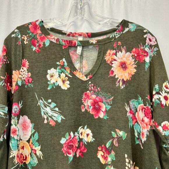 MTS Womens Top Multicolor Floral 3/4 Sleeve Bell Stretch High Low USA Medium - Picture 8 of 12